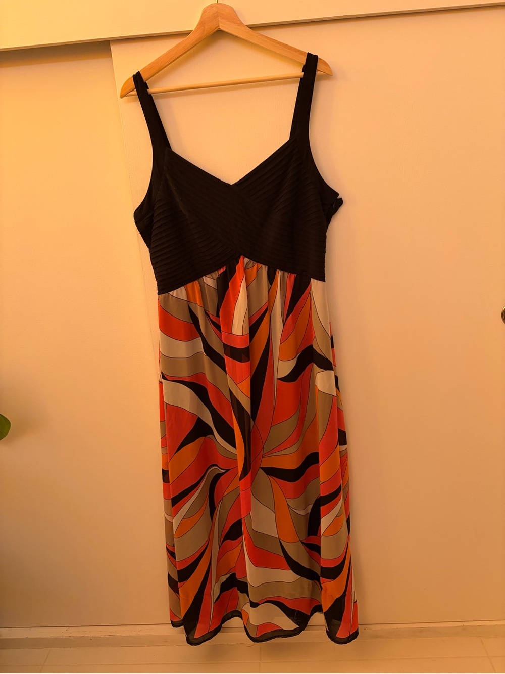 Robbie Bee Black Bodice Maxi with Orange, Tan and Cream Swirl Skirt